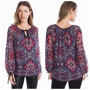 White House Black Market Floral Velvet Trim Boho Top